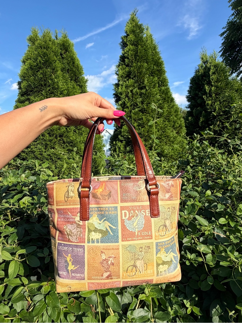 Vintage Fossil Y2K Soap Label Print Patchwork Satchel Handbag Purse - Picture 1 of 7